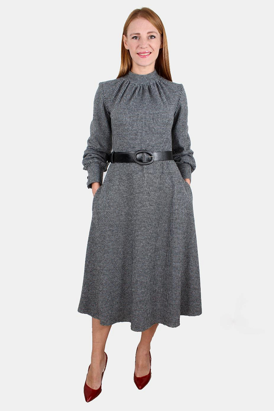 Платье миди теплое с широким поясом