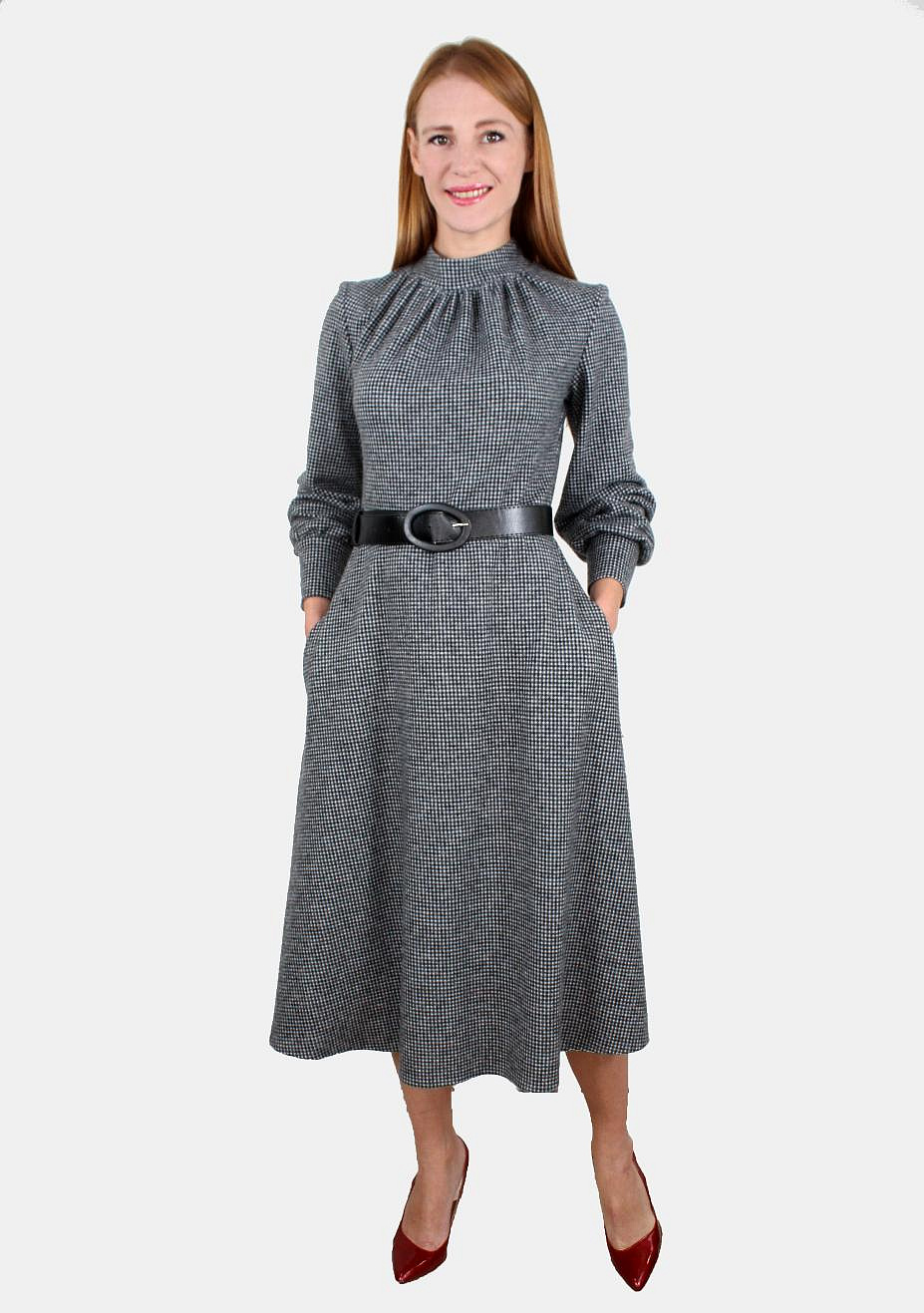 Платье миди теплое с широким поясом