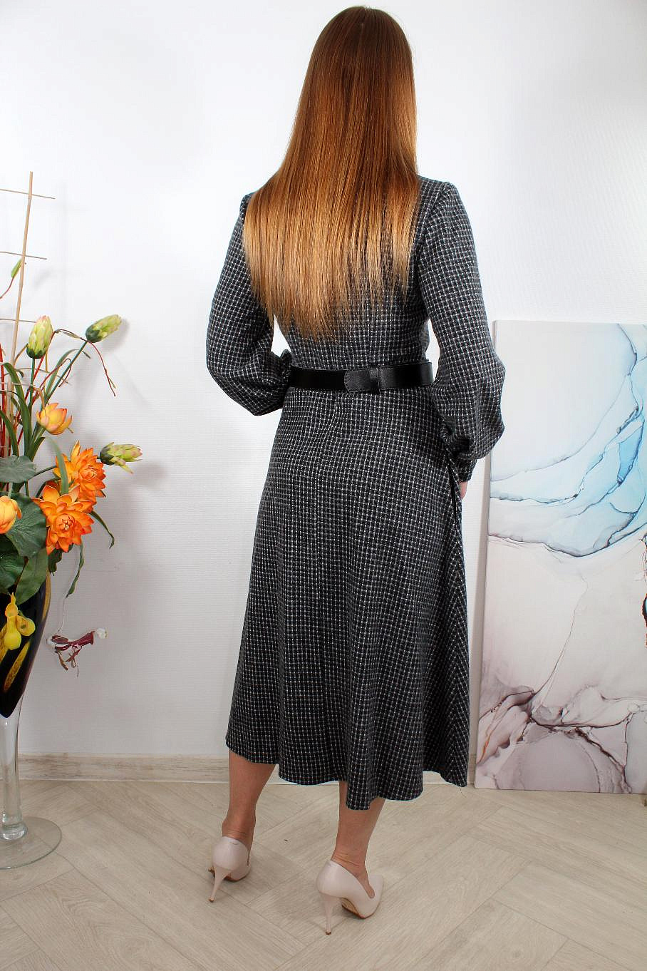 Платье миди теплое с широким поясом